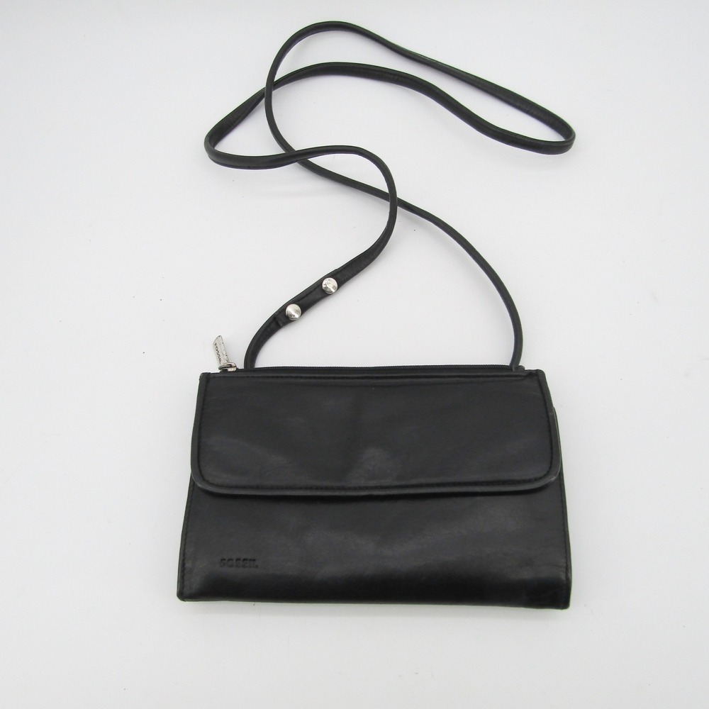 Fossil Black Leather Tri Fold Wallet Clutch Shoulder Bag With Strap
